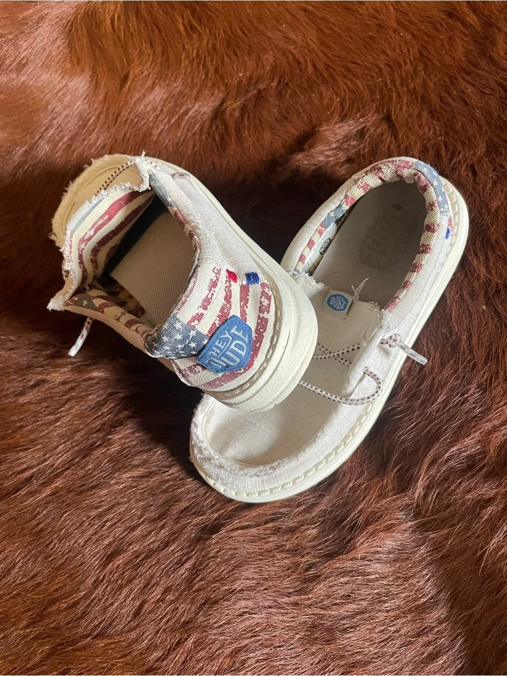Hey Dude Kids Canvas Slip-On Shoes in Off-White, Red & Blue